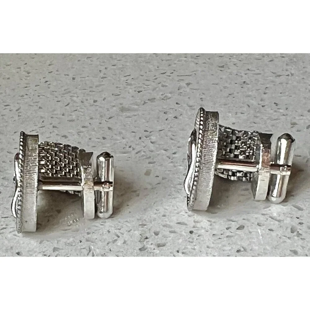 Vintage Swank Silver-Tone Oval Wishbone Cufflinks Rhinestone Accent